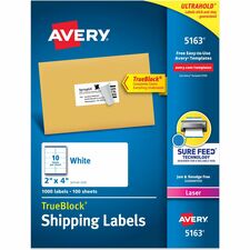 Avery® Shipping Labels, Sure Feed, 2" x 4" 1,000 White Labels (5163)