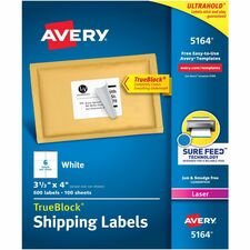 Avery® Shipping Labels, Sure Feed, 3-1/3" x 4" , 600 White Labels (5164)