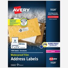 Avery 1" x 2-5/8" Labels, Ultrahold, 1,500 Labels (5520)