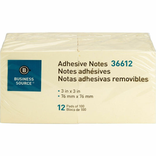 Business Source Yellow Repositionable Adhesive Notes - 12 / Pack