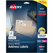 Avery® Address Labels, Glossy White, 2/3" x 1-3/4" , 600 Total (6523)