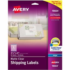 Avery® Clear Shipping Labels, Sure Feed, 3-1/3" x 4" , 60 Labels (18664)