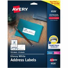 Avery® Address Labels, Glossy White, 1" x 2-5/8" , 750 Total (6526)