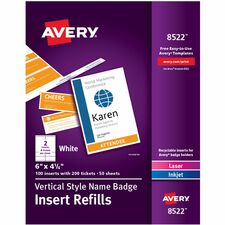Avery® Vertical Name Badge and Ticket Insertsfor Laser and Inkjet Printers