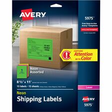 Avery® Assorted Neon Shipping Labels, 8-1/2" x 11" , 15 Labels (5975)